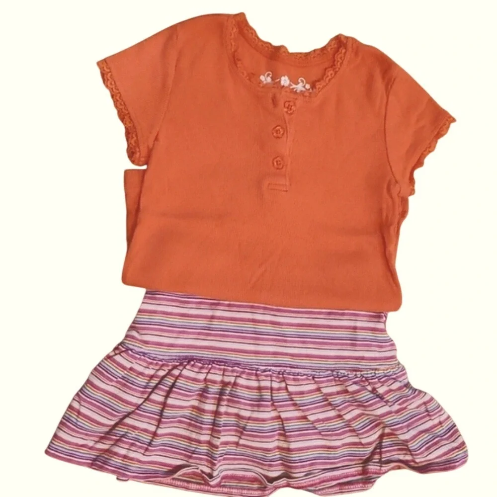 Children's Place‎ Girls Orange Ribbed Short Sleeve Shirt w Striped Skirt Size 5
